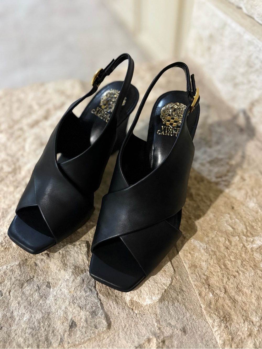 Vince Camuto Ameira Slingback Wedge Sandal in Black Leather Size 6.5 New in Box